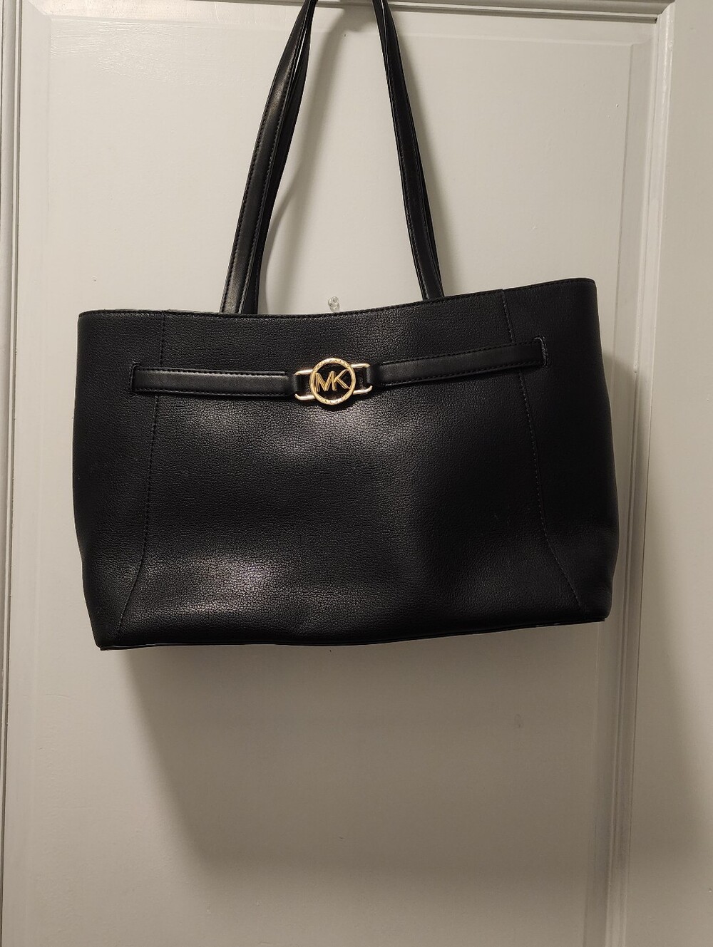 Michael Kors Black Leather Tote with Gold MK Emblem